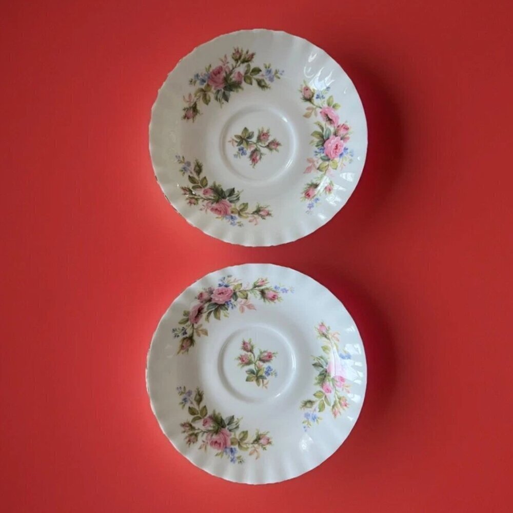 Pair Vintage Royal Albert Bone China Moss Rose Saucer - Made in England c1956